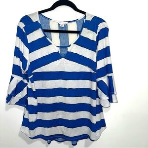 Spring-y Blue and White Wide Striped Nautical-ish Blouse, flared 3/4 sleeve